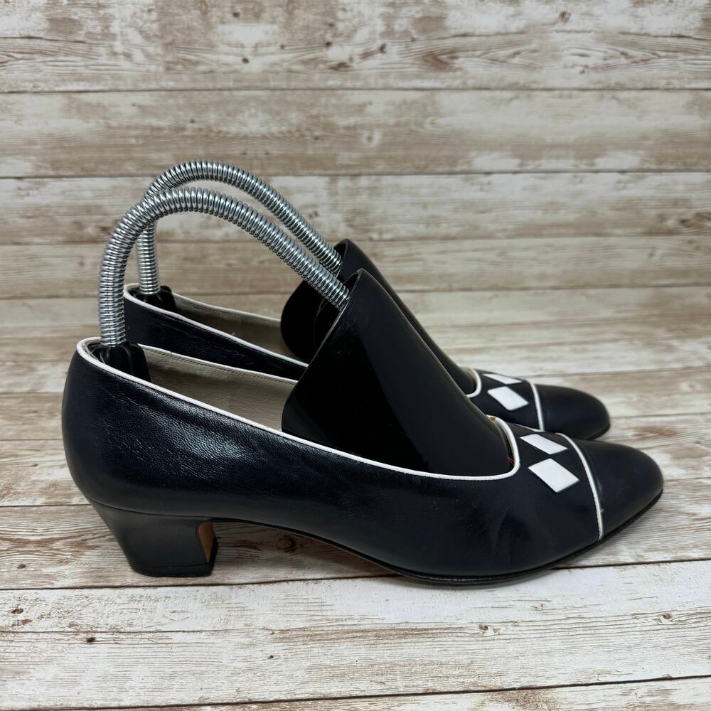 Salvatore Ferragamo Black Leather Argyle Pattern Pump Heels Women's 8AA